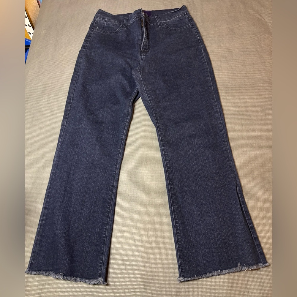NYDJ Not Your Daughter's Jeans Dark Wash Raw Fray Hem Flare Jeans petite Sz 10P